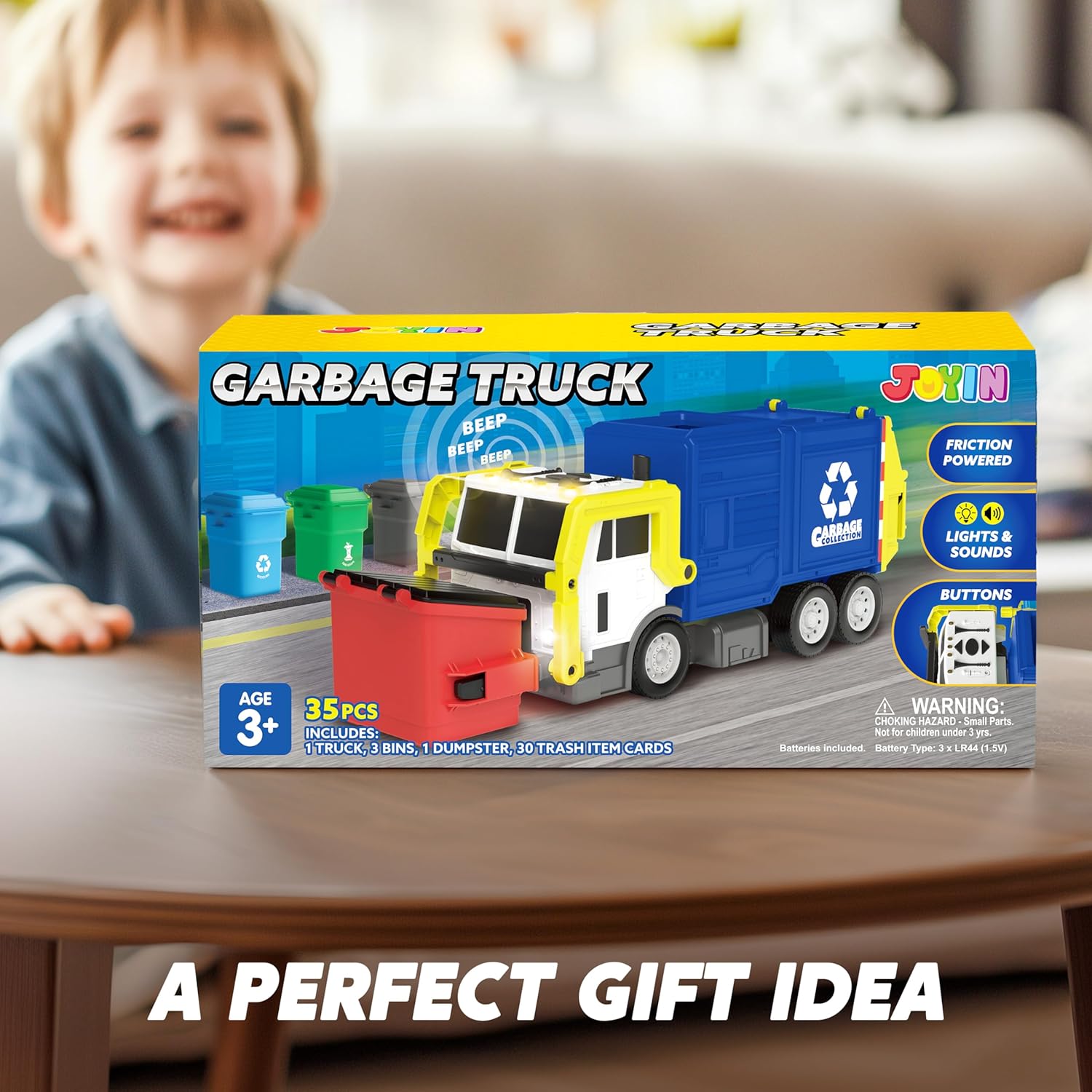 JOYIN Large Friction Powered Garbage Truck Toy Set, Includes Dumpster, Trash Bins, and Learning Cards for Kids