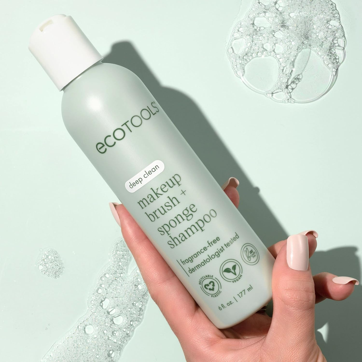 EcoTools Makeup Brush + Sponge Shampoo, Remove Makeup & Impurities From Tools, Sponges, & Puffs, Fragrance-Free Brush Cleanser, No Harsh Chemicals, Vegan, & Cruelty-Free, 8 fl. oz./236 ml. Bottle