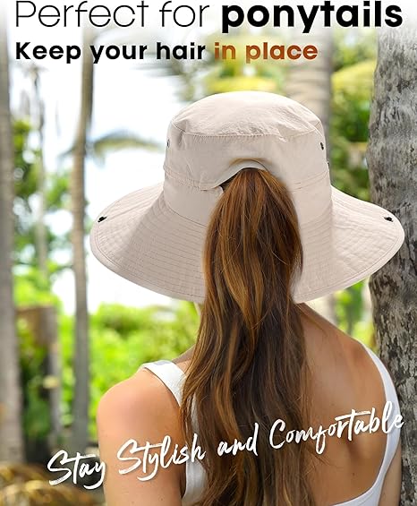 Sun Hats for Women Ponytail Wide Brim Summer Packable Cowboy Hat | 100% Nylon, Convertible Cowboy Style, Foldable & Packable, Adjustable Drawstring, Ideal for Hiking, Gardening, Beach Boating
