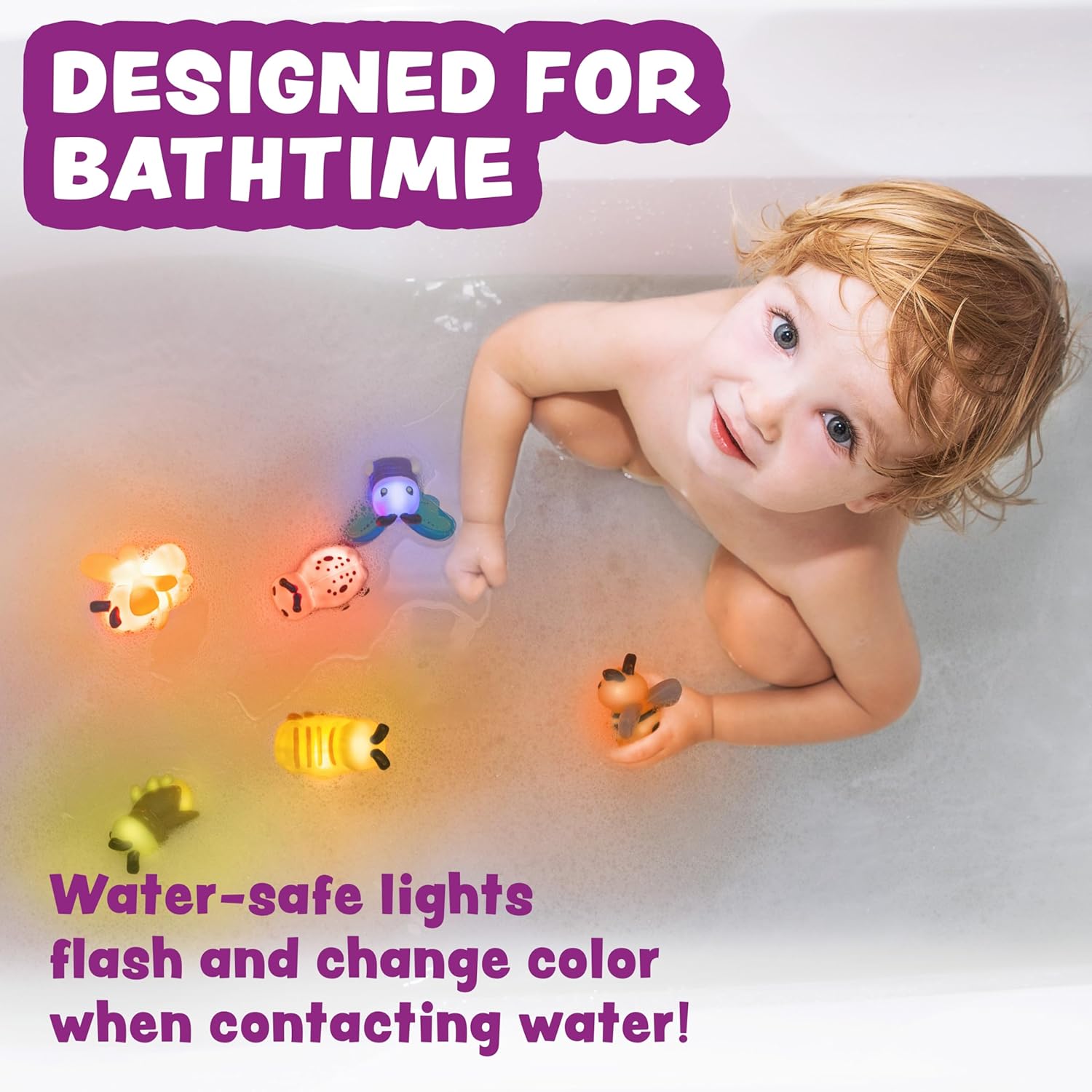 Tub Works® Bugs™ Light Up Bath Toys, 6 Pack | Water-Activated Light Up Toys Flash & Change Color | Easy-Grip Baby Girl & Toddler Bath Toys | Sensory Bathtub Toys with Bath Lights