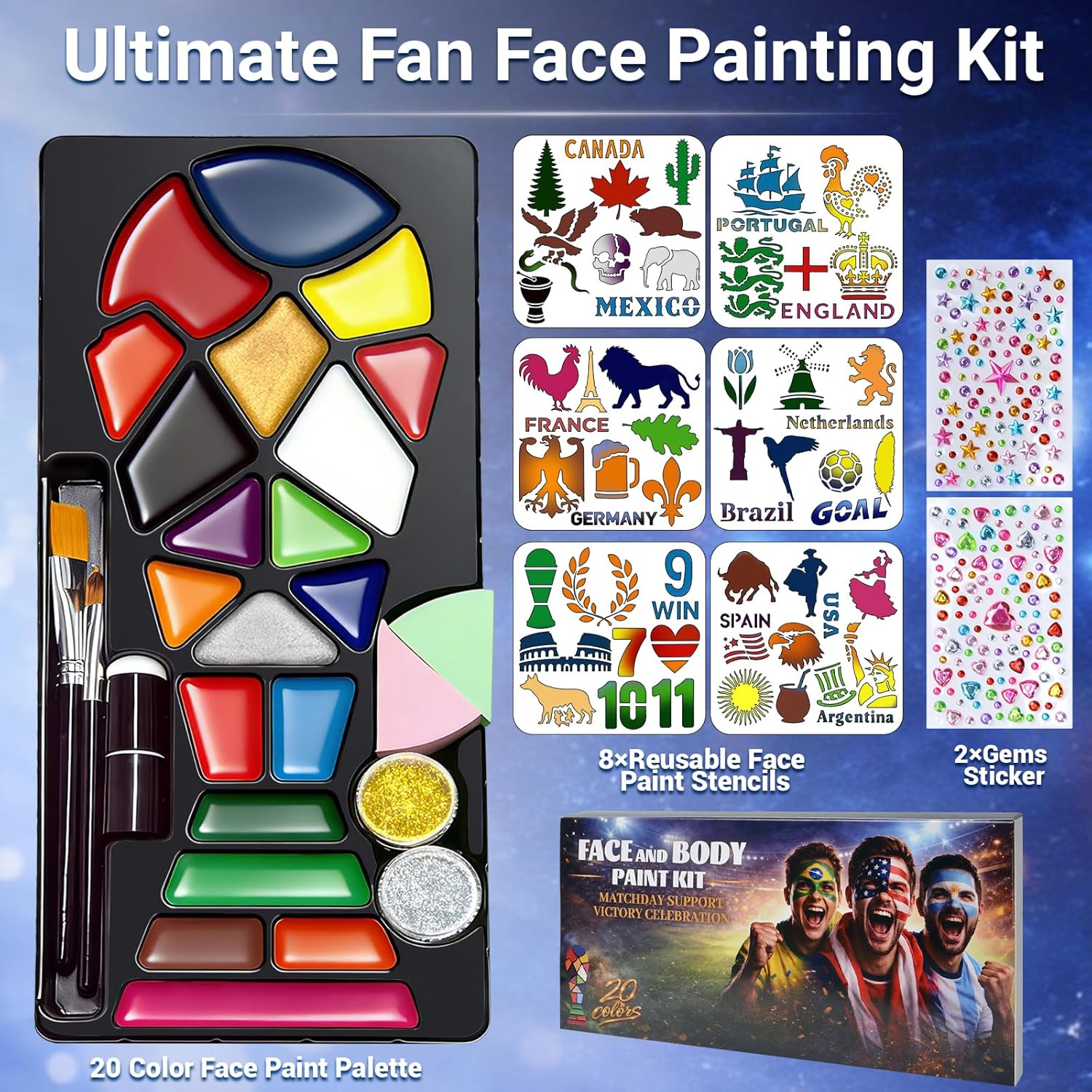 Face Painting Kit for Kids & Adults, 20 Colors Water Activated Face Paint Set with Stencils, Gems & Brushes, Washable Face Paint for Soccer Fans, Game Day, Team Spirit & Fan Celebrations