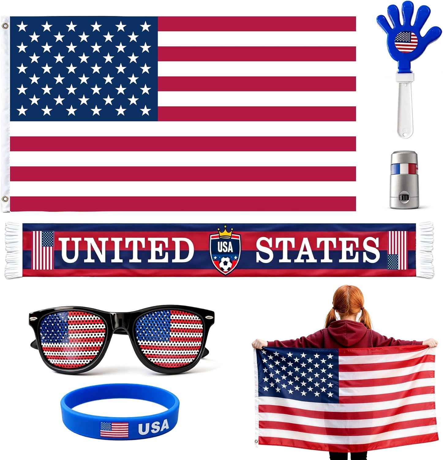 6 Pcs Cheering Set for Game Day Watch Party – Flag, Fan Scarf, Wristband, Flag Glasses, Hand Clapper, Blendable Face Paint Sticks