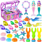 VGOFUN Diving Gems Pool Toys,10 Pcs Colorful Diamond with Treasure Chest Pirate Box Kids Swim Toys Acrylic Underwater Gemstone for Boys Girls Bath Toys Swimming Training Gift Water Pool Games