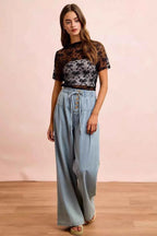 BiBi High Neckline Short Sleeves Bow Pattern Mesh Top