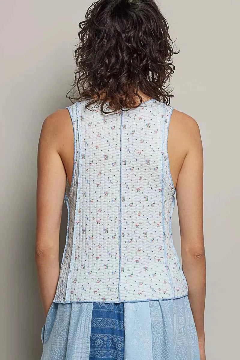 POL Seam detail Floral Round Neck Ribbed Tank