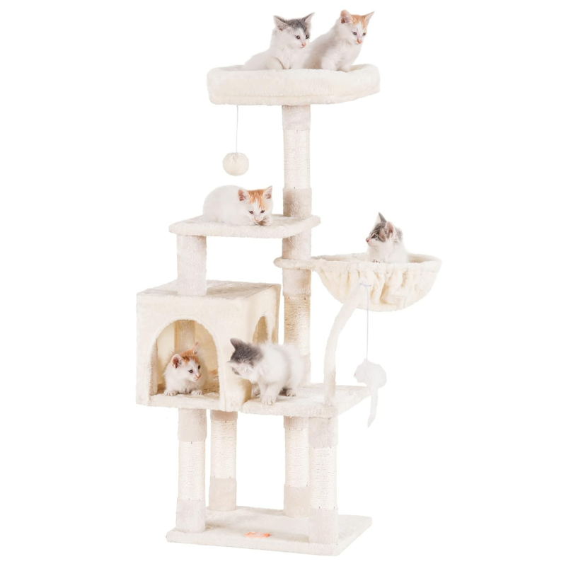 Cat tree with multiple levels and perches on a white background