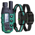 Dog training collar system with remote and two collars on a white background