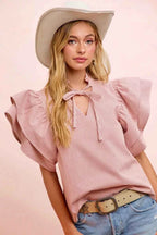 BiBi Twill Striped Ruffle Sleeve Blouse