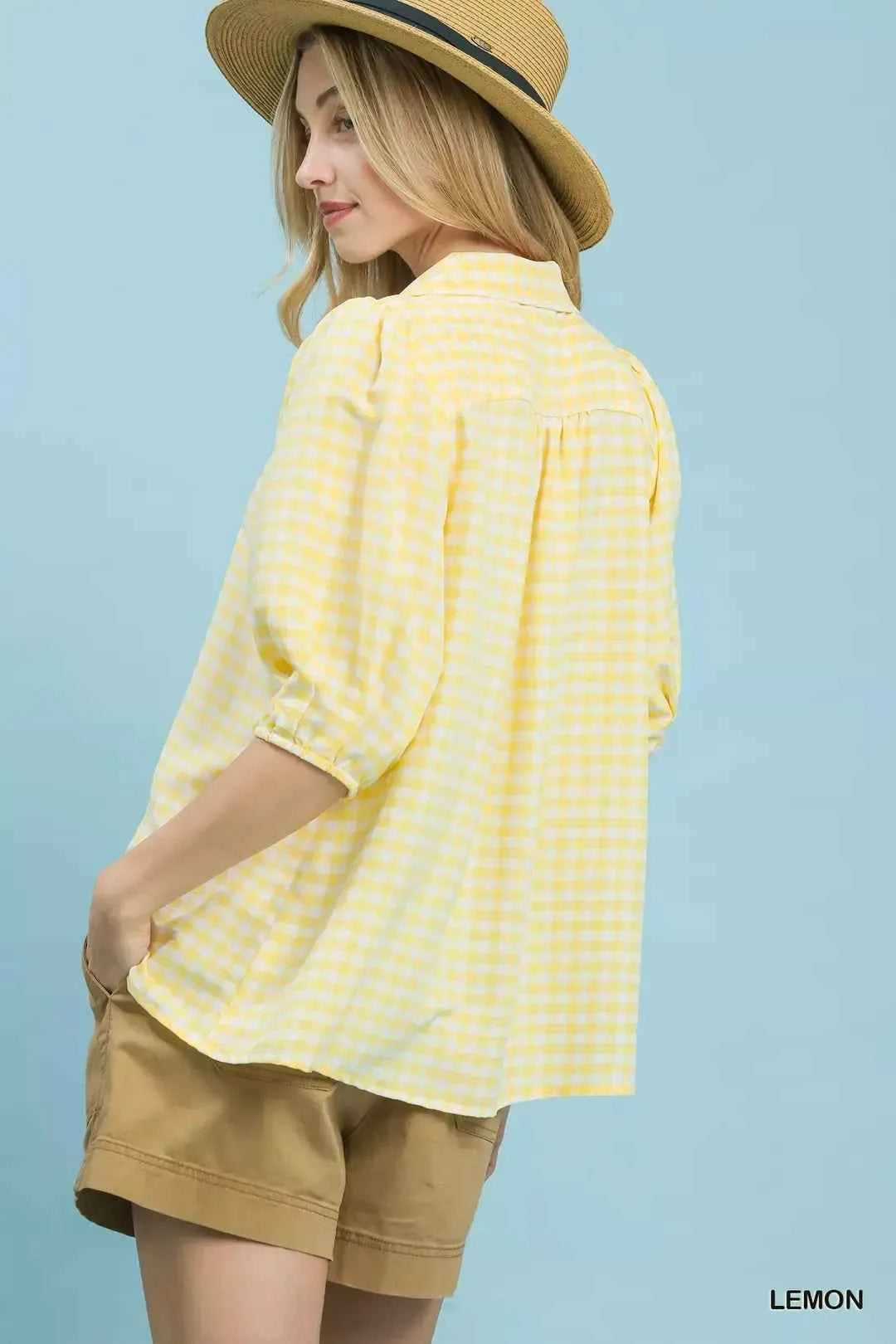 Umgee Gingham Puff Sleeve Collared Blouse