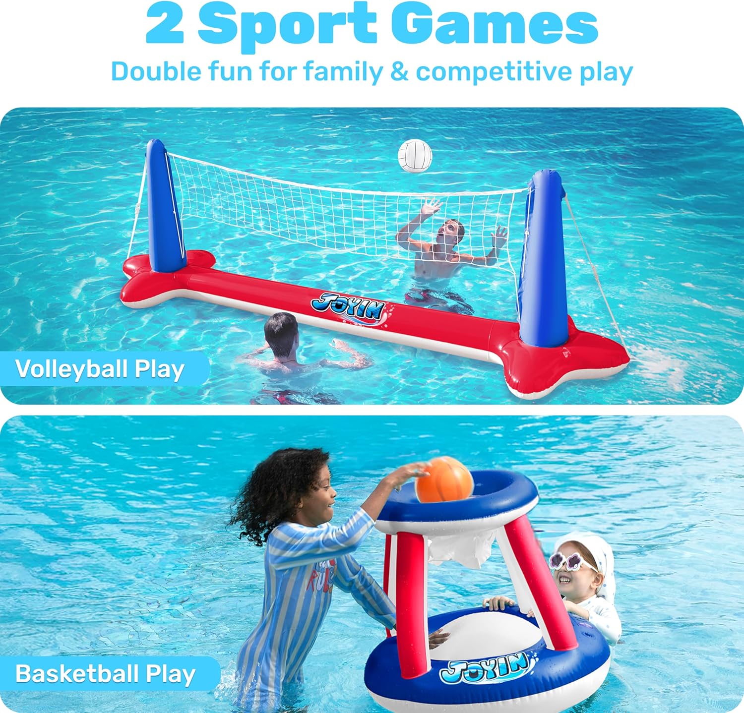 JOYIN Inflatable Pool Float Set Volleyball Net & Basketball Hoops, Balls Included for Kids and Adults Swimming Game Toy, Summer Floaties, Volleyball Court |Basketball