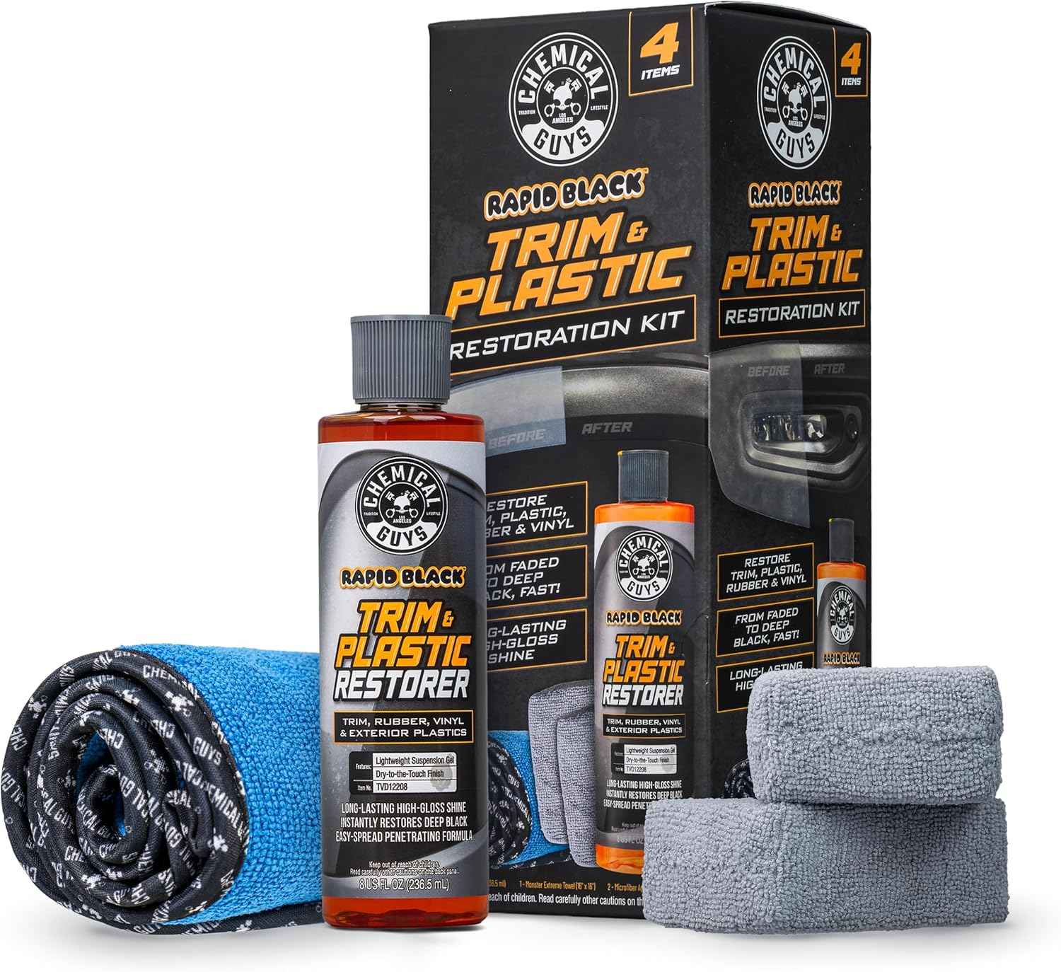 Chemical Guys Black Trim Restorer Gel Kit for Exterior Plastic, Rubber, and Vinyl, Restores Faded Trim with Deep Black Finish, Controlled Gel Application System
