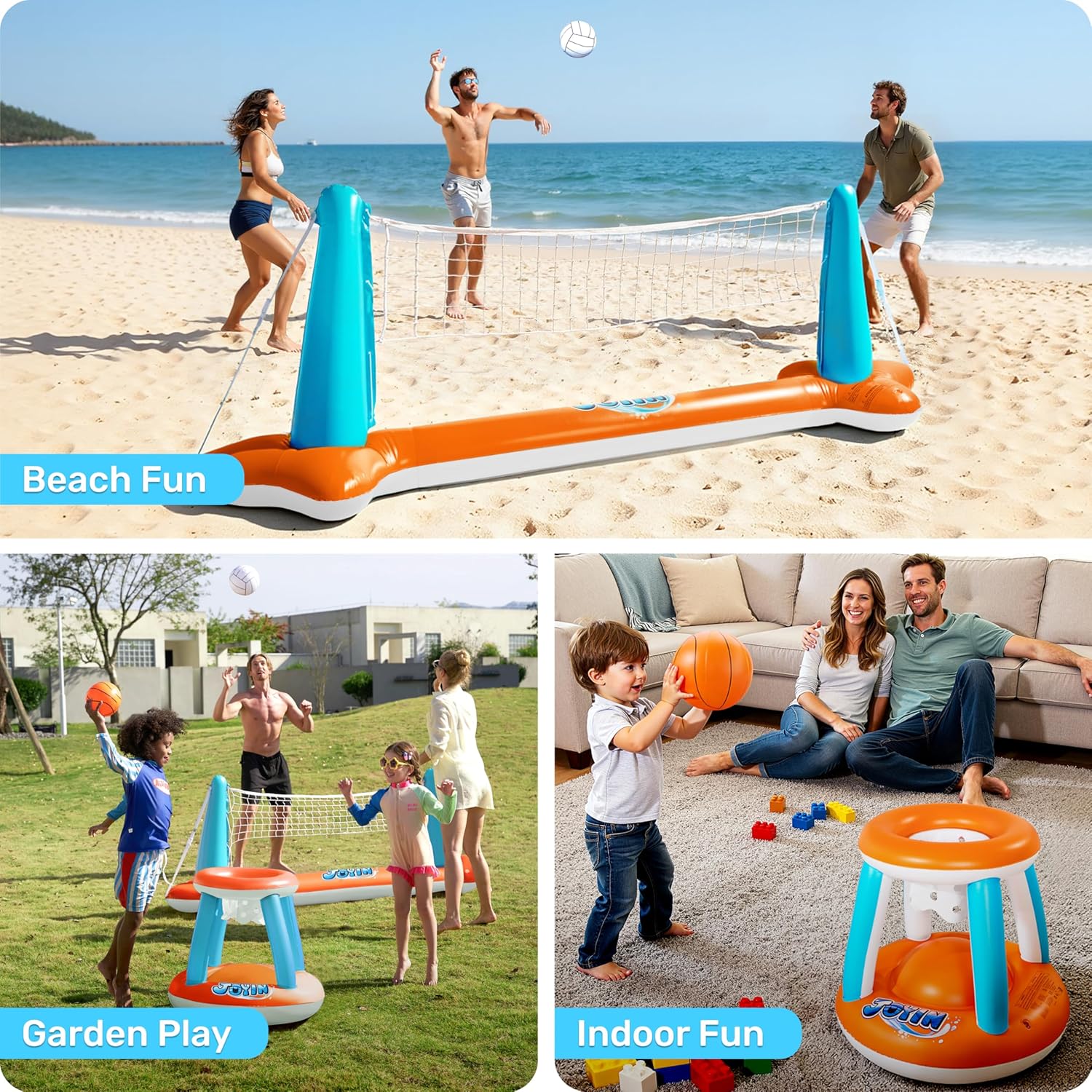 JOYIN Inflatable Pool Float Set Volleyball Net & Basketball Hoops, Balls Included for Kids and Adults Swimming Game Toy, Summer Floaties, Volleyball Court |Basketball
