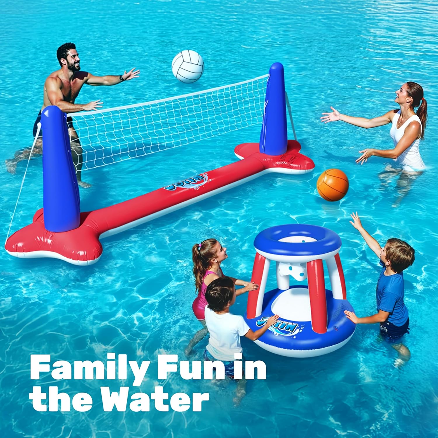 JOYIN Inflatable Pool Float Set Volleyball Net & Basketball Hoops, Balls Included for Kids and Adults Swimming Game Toy, Summer Floaties, Volleyball Court |Basketball