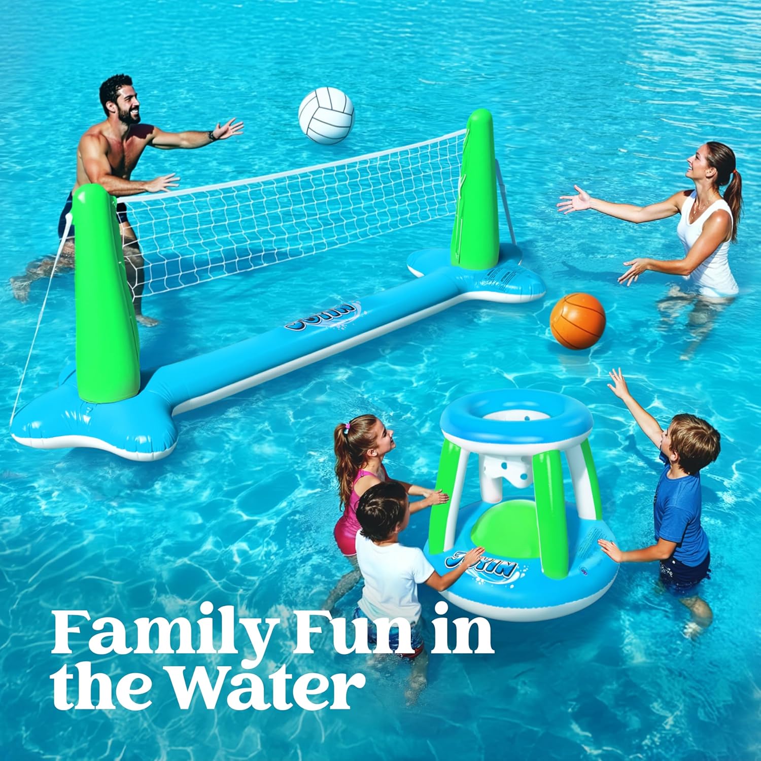 JOYIN Inflatable Pool Float Set Volleyball Net & Basketball Hoops, Balls Included for Kids and Adults Swimming Game Toy, Summer Floaties, Volleyball Court |Basketball