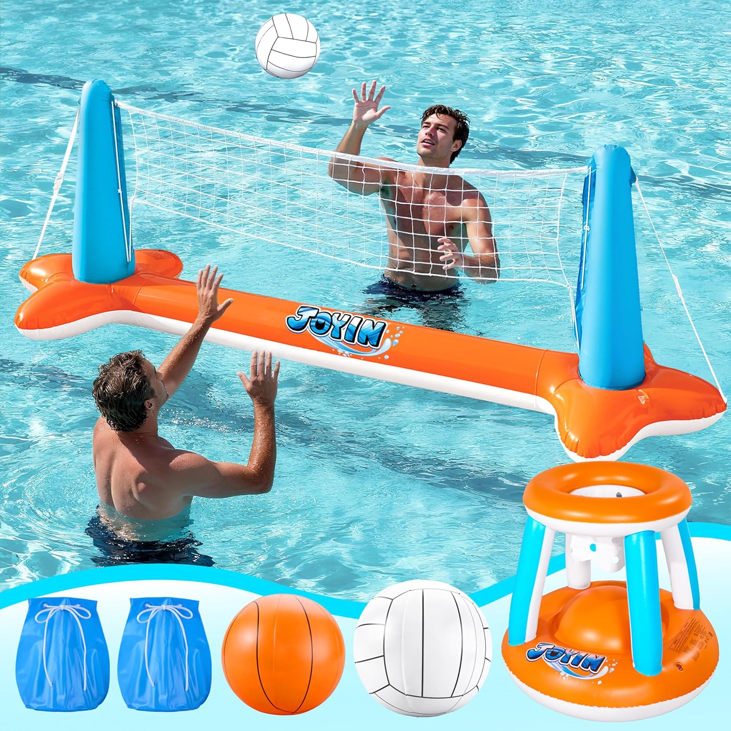JOYIN Inflatable Pool Float Set Volleyball Net & Basketball Hoops, Balls Included for Kids and Adults Swimming Game Toy, Summer Floaties, Volleyball Court |Basketball