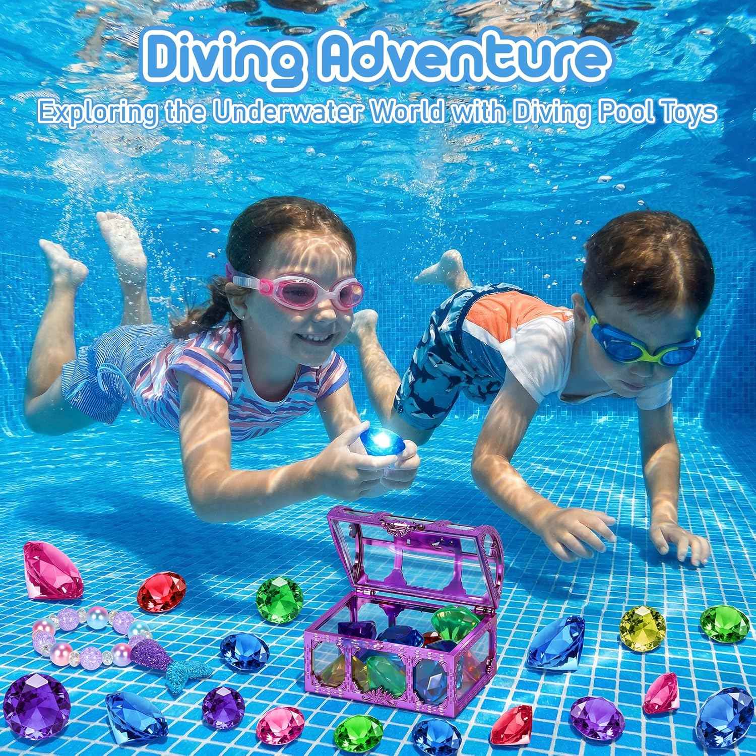 VGOFUN Diving Gems Pool Toys,10 Pcs Colorful Diamond with Treasure Chest Pirate Box Kids Swim Toys Acrylic Underwater Gemstone for Boys Girls Bath Toys Swimming Training Gift Water Pool Games