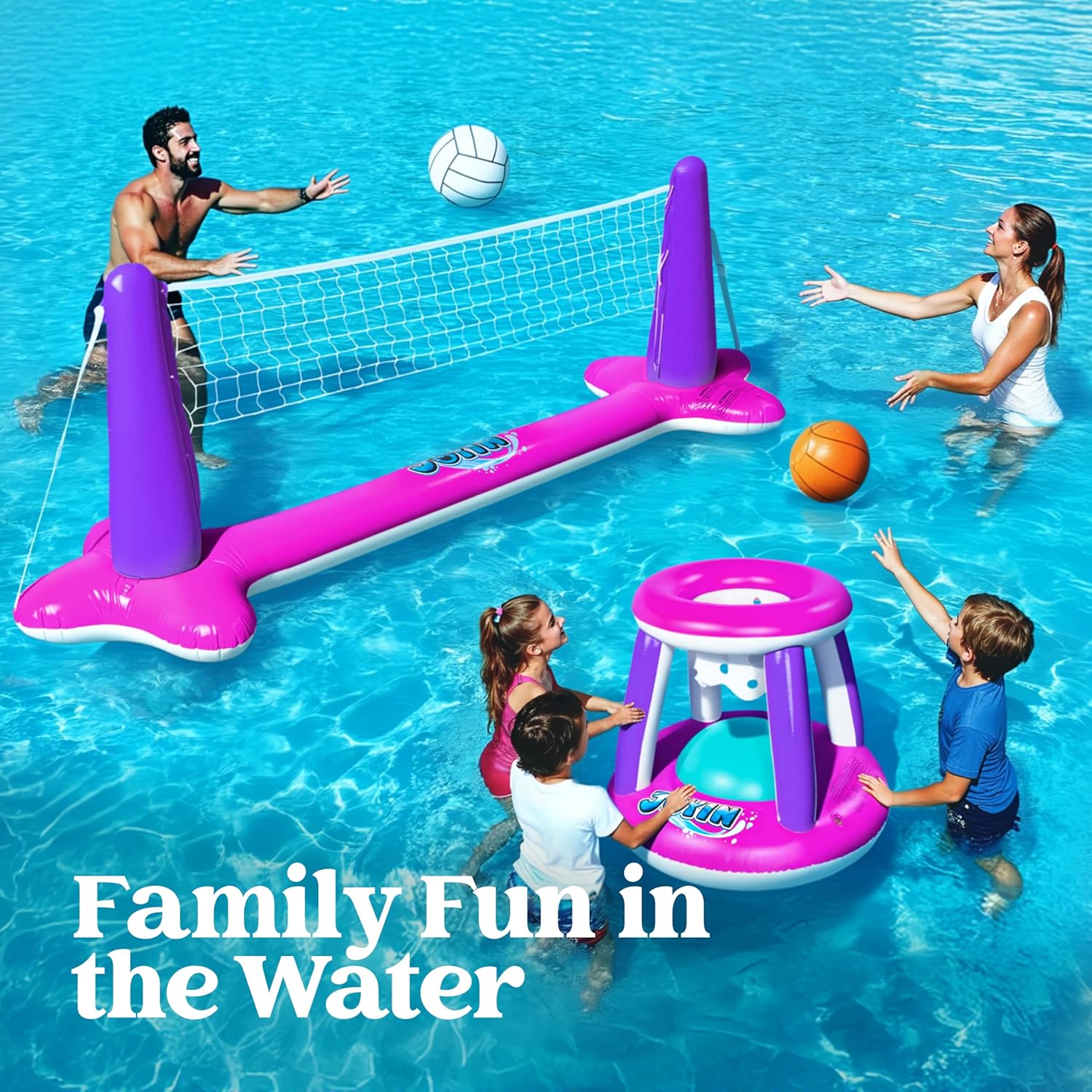 JOYIN Inflatable Pool Float Set Volleyball Net & Basketball Hoops, Balls Included for Kids and Adults Swimming Game Toy, Summer Floaties, Volleyball Court |Basketball