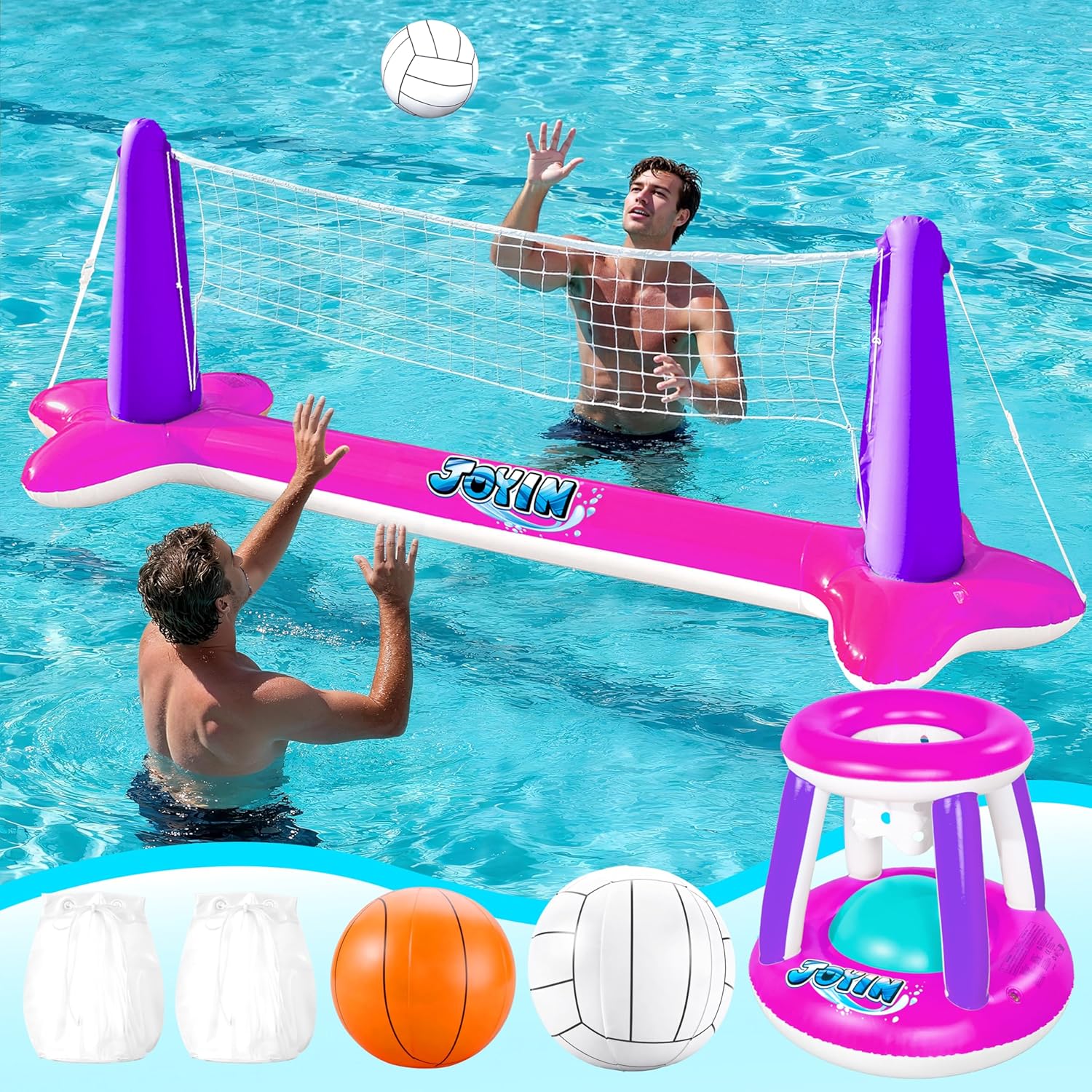 JOYIN Inflatable Pool Float Set Volleyball Net & Basketball Hoops, Balls Included for Kids and Adults Swimming Game Toy, Summer Floaties, Volleyball Court |Basketball