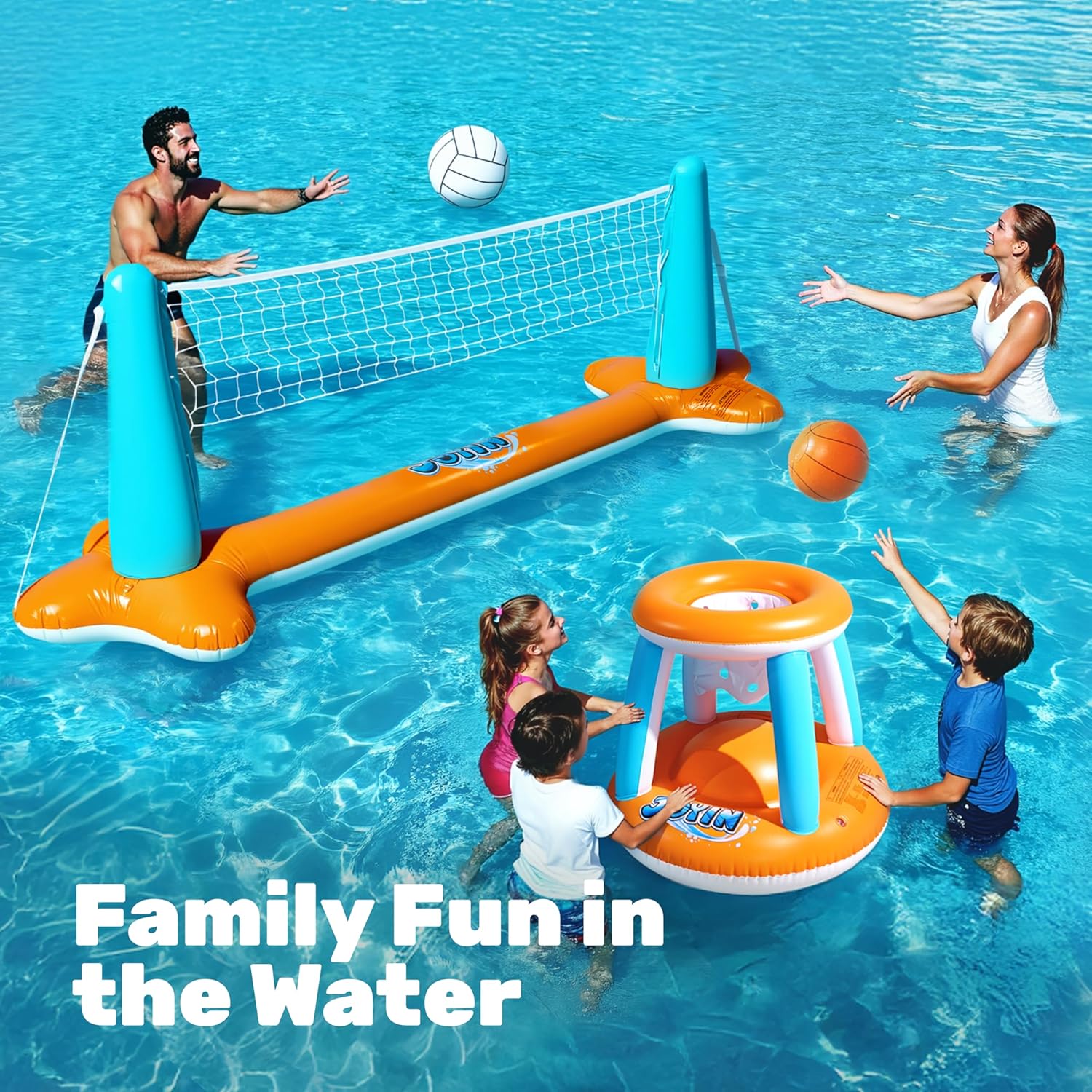 JOYIN Inflatable Pool Float Set Volleyball Net & Basketball Hoops, Balls Included for Kids and Adults Swimming Game Toy, Summer Floaties, Volleyball Court |Basketball