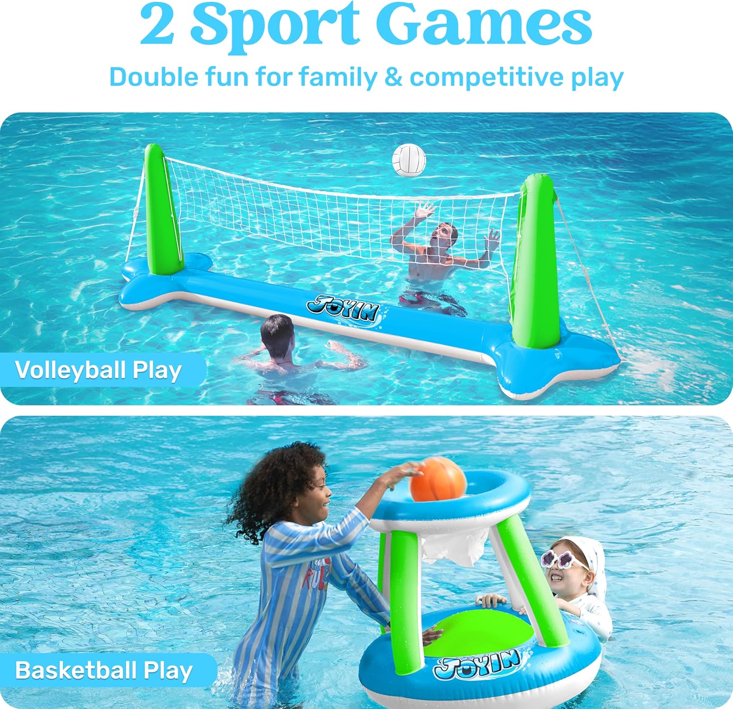 JOYIN Inflatable Pool Float Set Volleyball Net & Basketball Hoops, Balls Included for Kids and Adults Swimming Game Toy, Summer Floaties, Volleyball Court |Basketball