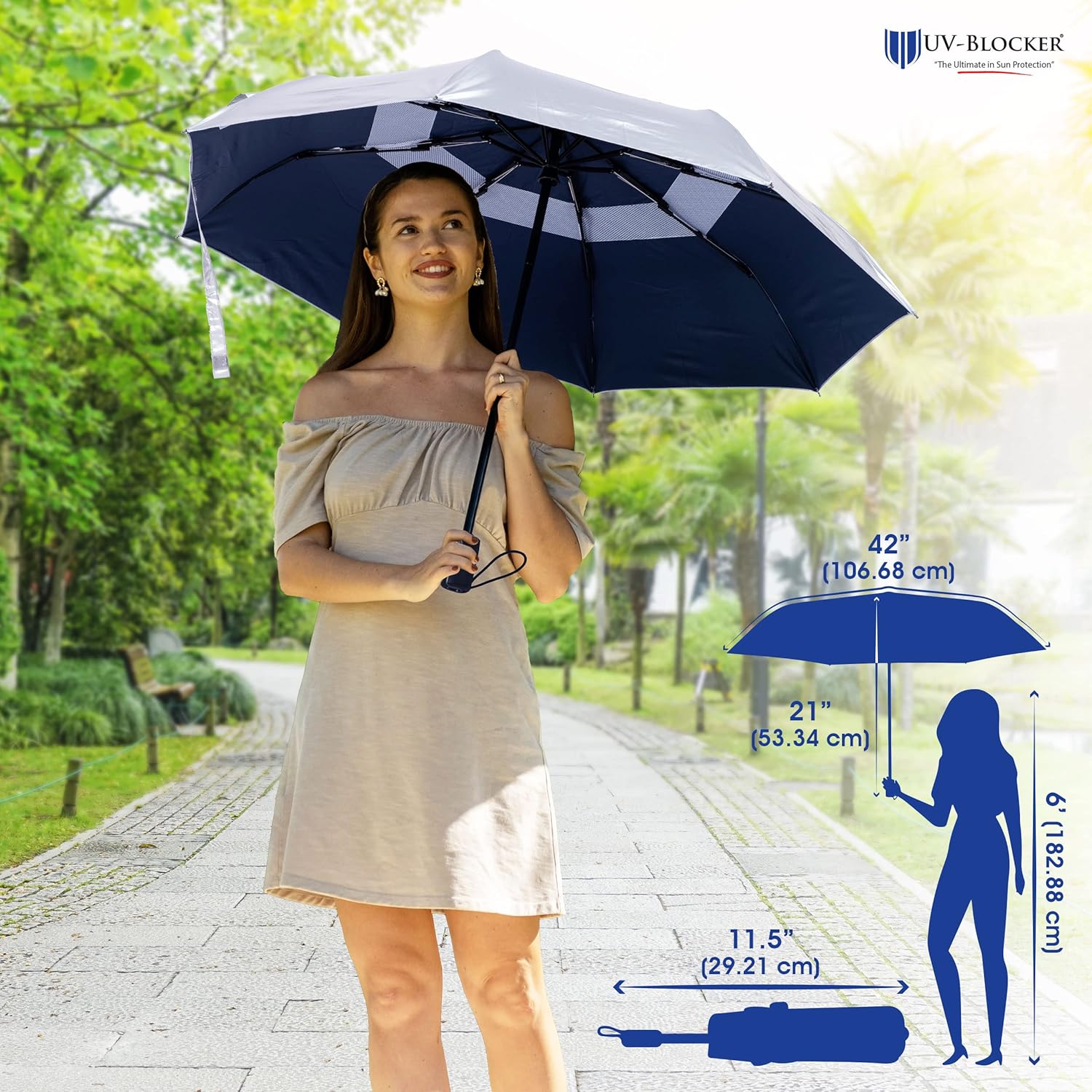 UV-Blocker Sun Umbrella UV Protection Compact - Auto Open/Close - Double Vented Canopy - Wind-resistant Sun Umbrella for Walking