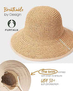 Summer Straw Beach Sun Hats for Women Wide Brim Packable Bucket Hat | Breathable Hand-Woven Paper Straw & Linen, Wide Brim, Adjustable Chin Strap for Beach, Walks, Vacations & Effortless Style