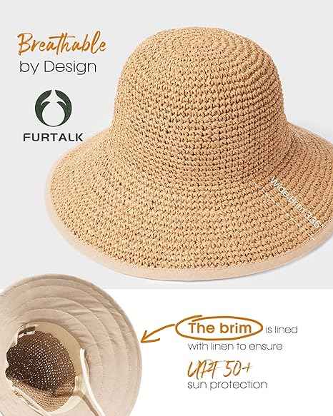 Summer Straw Beach Sun Hats for Women Wide Brim Packable Bucket Hat | Breathable Hand-Woven Paper Straw & Linen, Wide Brim, Adjustable Chin Strap for Beach, Walks, Vacations & Effortless Style
