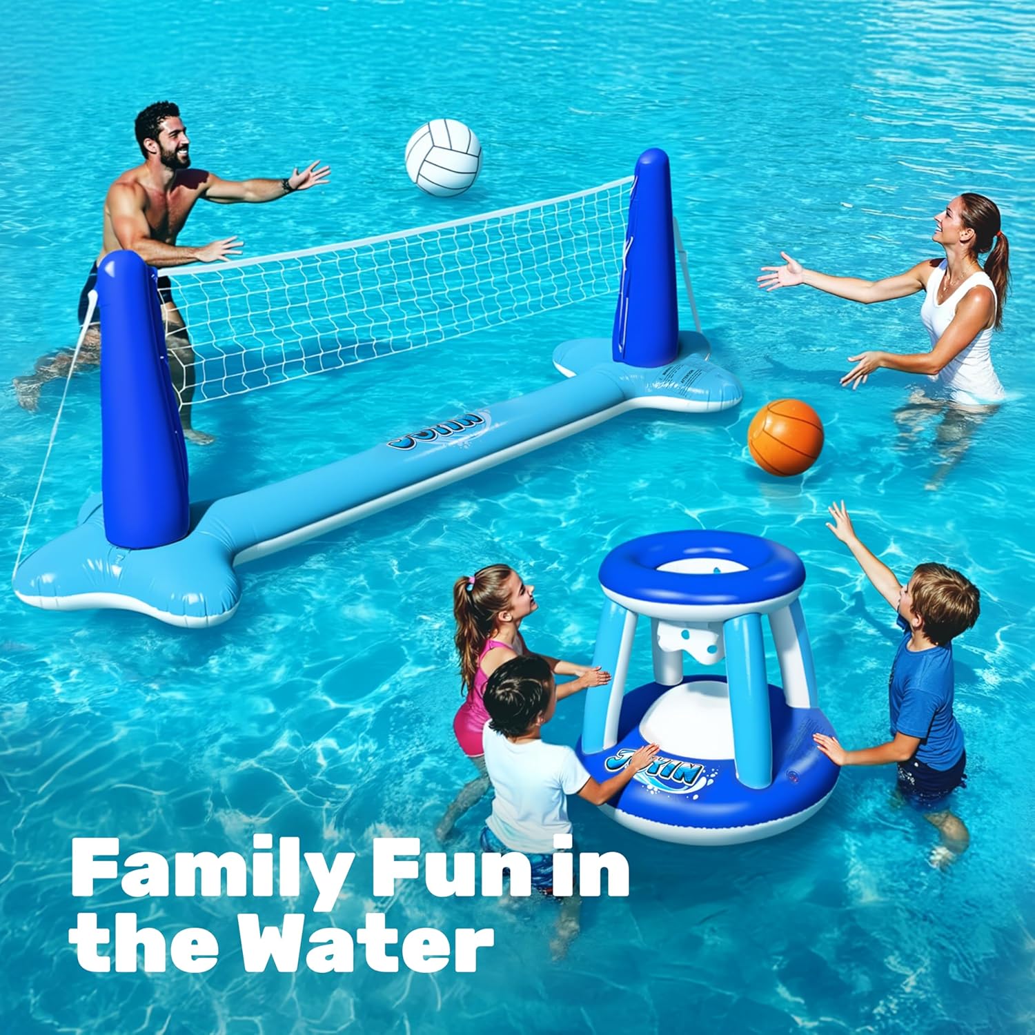 JOYIN Inflatable Pool Float Set Volleyball Net & Basketball Hoops, Balls Included for Kids and Adults Swimming Game Toy, Summer Floaties, Volleyball Court |Basketball