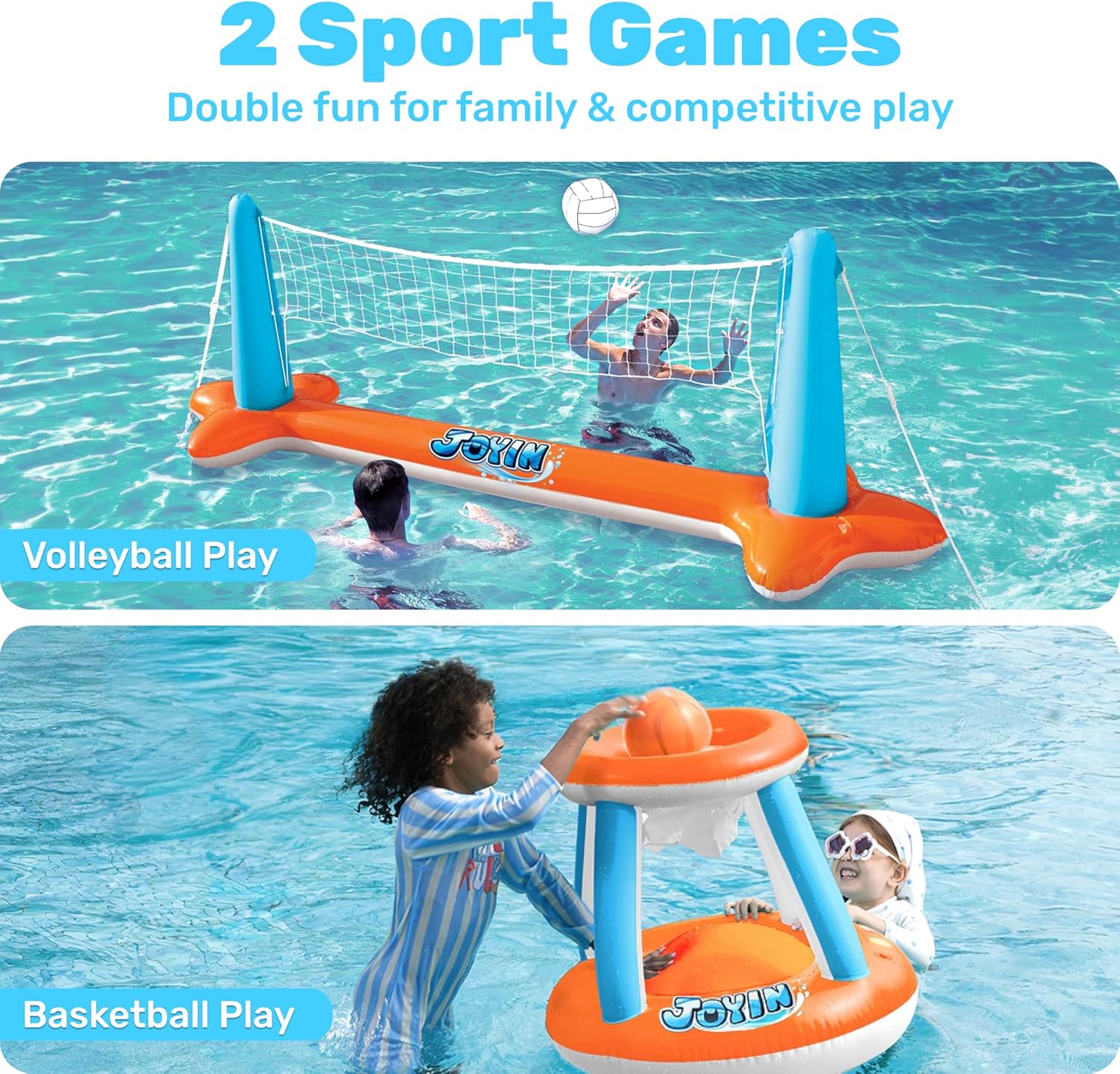 JOYIN Inflatable Pool Float Set Volleyball Net & Basketball Hoops, Balls Included for Kids and Adults Swimming Game Toy, Summer Floaties, Volleyball Court |Basketball