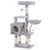 Gray cat tree with multiple levels and a hanging ball on a white background