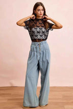 BiBi High Neckline Short Sleeves Bow Pattern Mesh Top