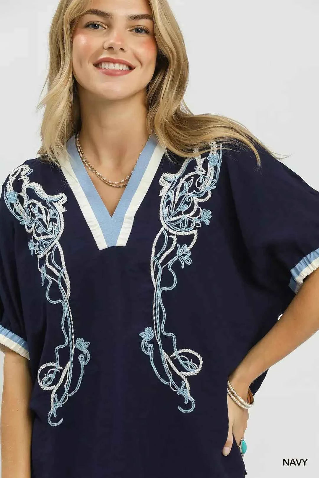 Umgee Embroidered Floral V-Neck Short Sleeve Blouse with Contrast Trim