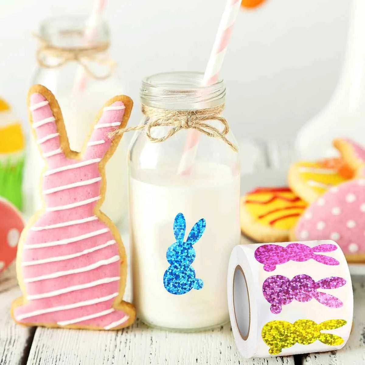 500 Pcs Easter Bunny Stickers - Colorful Laser-Cut Rabbit Decals with Glitter, Self-Adhesive Closure Labels for Envelopes
