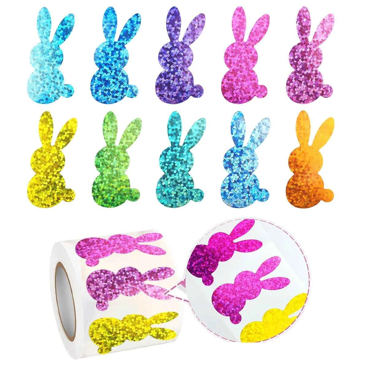 500 Pcs Easter Bunny Stickers - Colorful Laser-Cut Rabbit Decals with Glitter, Self-Adhesive Closure Labels for Envelopes