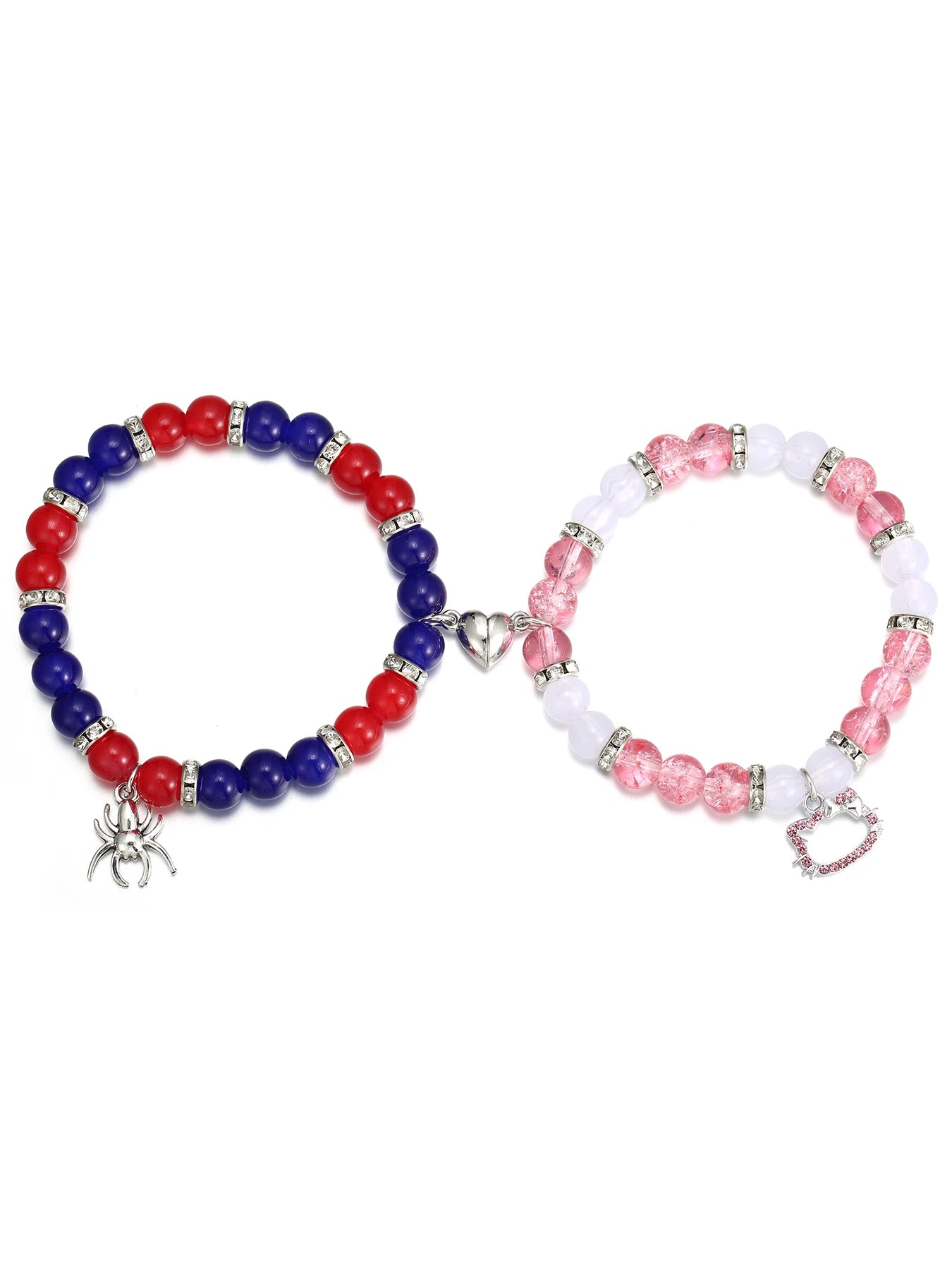 2 pcs of Spider and Cat Pendant Heart Shaped Magnet Bead Elastic Couple's Bracelets, Bff Trendy Jewelry Gifts