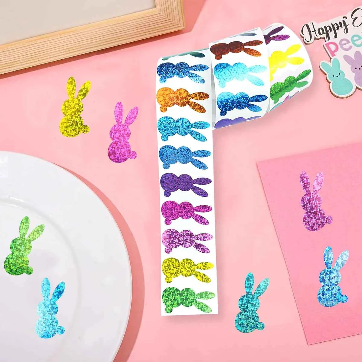 500 Pcs Easter Bunny Stickers - Colorful Laser-Cut Rabbit Decals with Glitter, Self-Adhesive Closure Labels for Envelopes