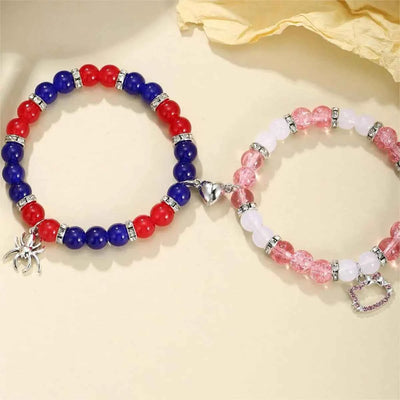2 pcs of Spider and Cat Pendant Heart Shaped Magnet Bead Elastic Couple's Bracelets, Bff Trendy Jewelry Gifts
