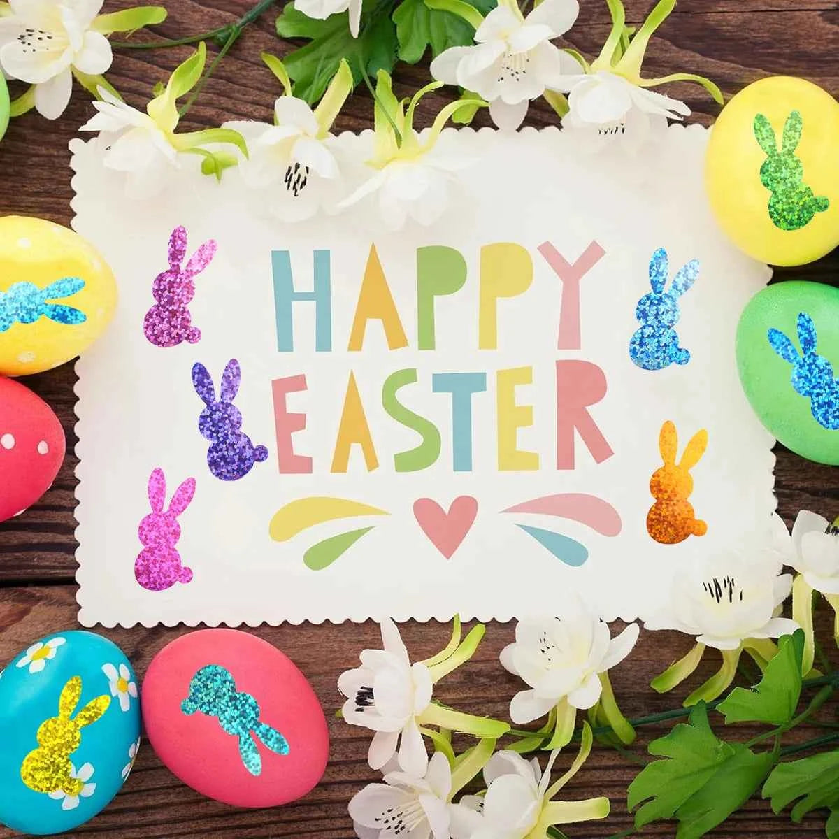 500 Pcs Easter Bunny Stickers - Colorful Laser-Cut Rabbit Decals with Glitter, Self-Adhesive Closure Labels for Envelopes