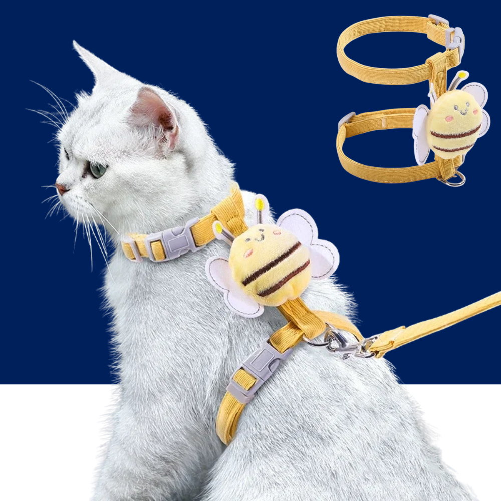 Cat Harness Leash Collar Set - Adjustable Cartoon Bee Design