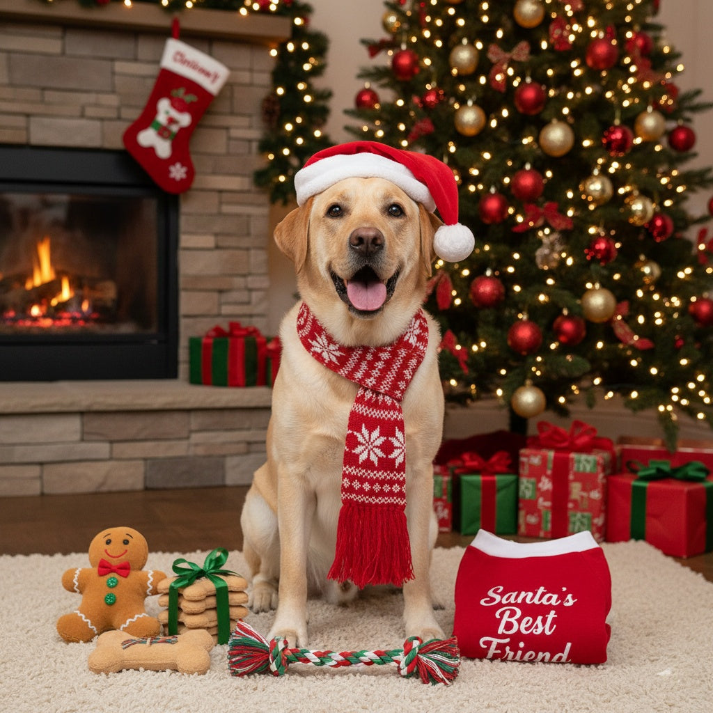 Dog wearing a Santa hat and scarf in front of a Christmas tree and fireplace.