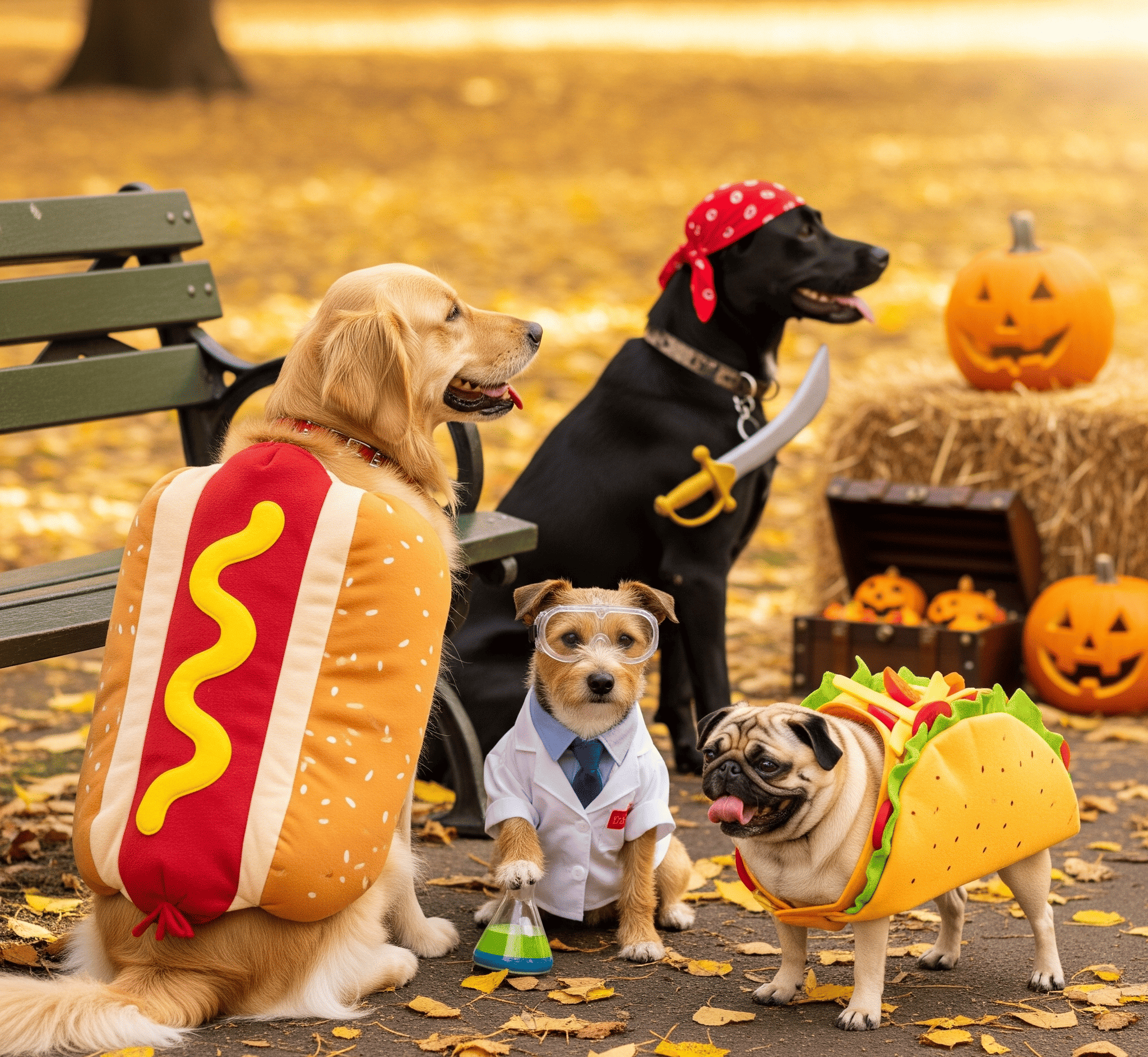 Four dogs in Halloween costumes sitting around a picnic table with pumpkins in the background.