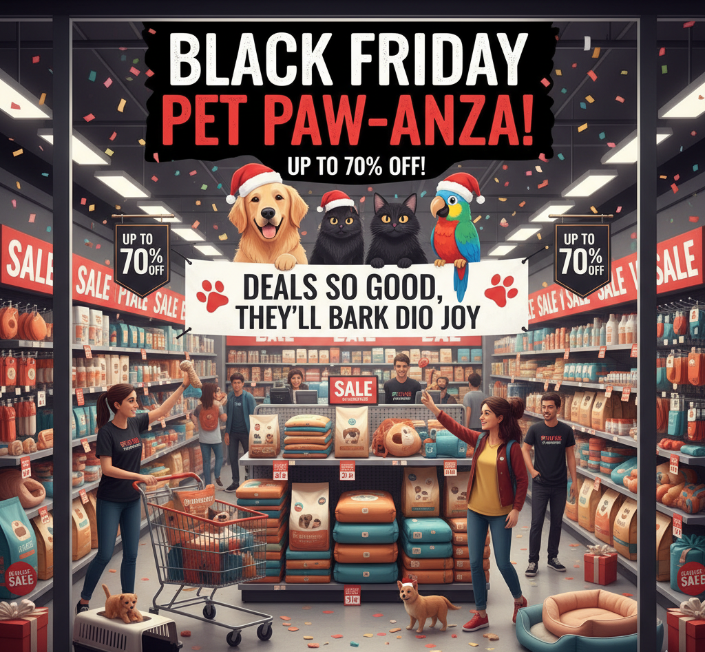 Black Friday sale advertisement in a pet store with discounts and promotional text.