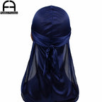 Unisex Women Men Silk Durag Turban Hat Wigs Biker Headwear Headband Hair Accessories Long Tail Straps Bandanas Silky Durags