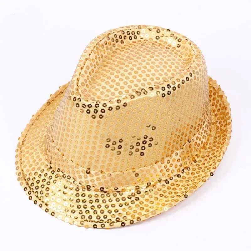 Adult  and Child Unisex Brilliant Glitter Sequins Hat Dance Fedora Hat Kid Dance Cap Solid Jazz Hat Party Glitter Costum 2size