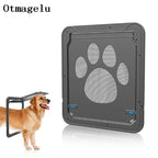 Pet door with paw design next to a dog on a white background, featuring the brand 'Otmagelu'.