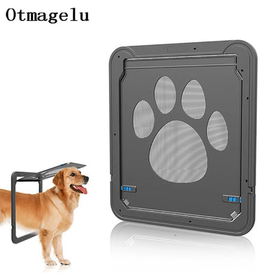 Pet door with paw design next to a dog on a white background, featuring the brand 'Otmagelu'.