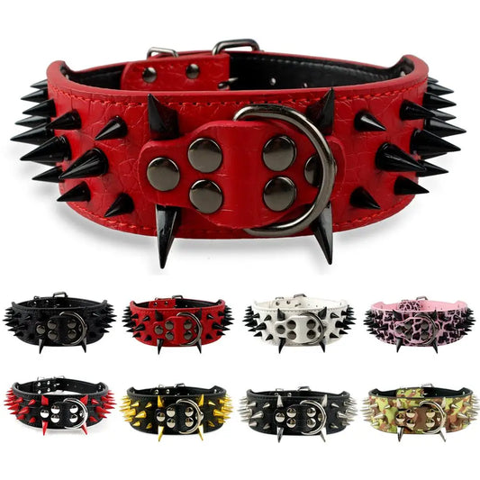 2" Wide Sharp Spiked Studded Leather Dog Collars Pitbull Bulldog Big Dog Collar Adjustable For Medium Large Dogs Boxer S M L XL - WTN Essentials 