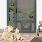 Two dogs sitting in front of a glass door with a pet door featuring a paw design.