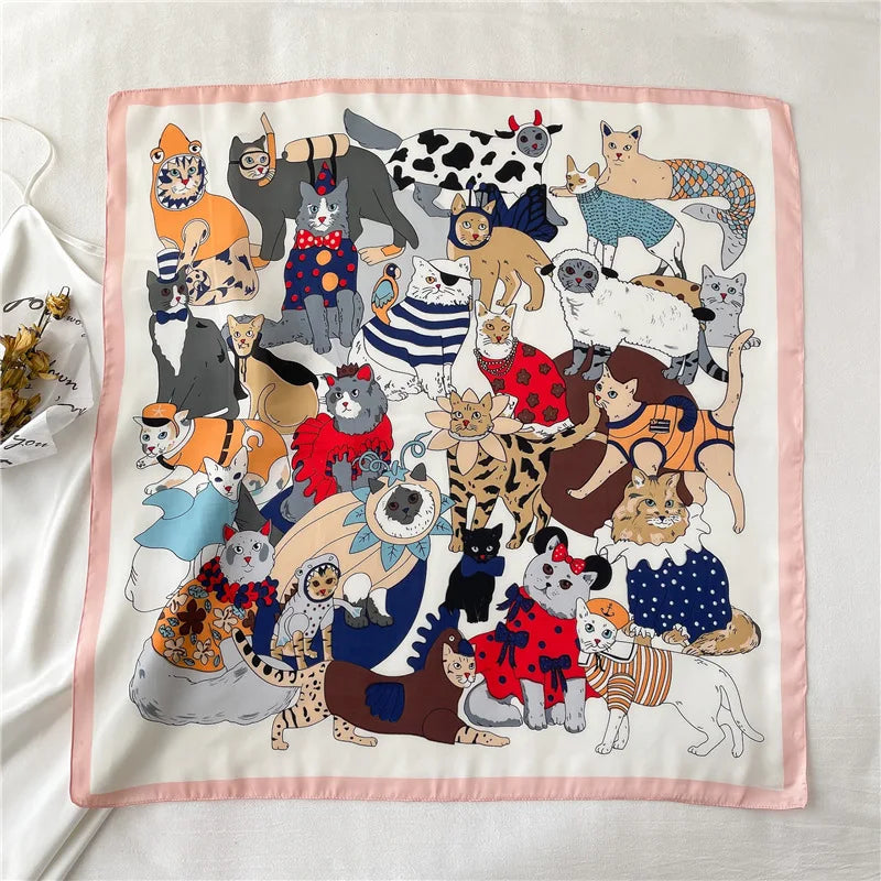 2025 Silk Shawl Print Headscarf Cat Hair Wrap Neckerchief Female Satin Square Scarf For Women Headband Foulard Hijab Bandana