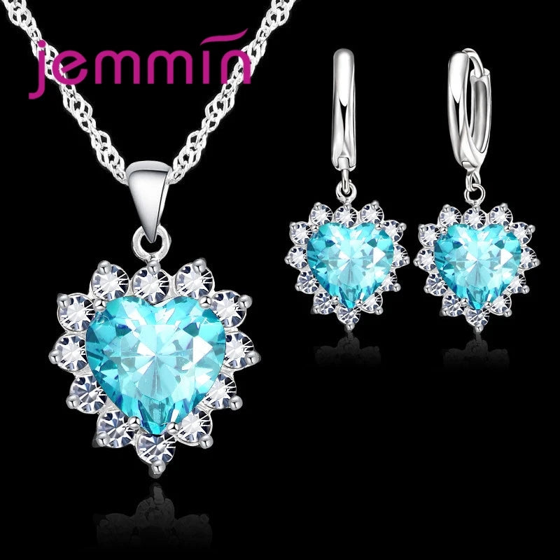 Top Sale Wding Engagement Anniversary Gift Jewelry Sets 925 Silver Color Stamped Heart Pendant Hoop Earrings for Women Girls